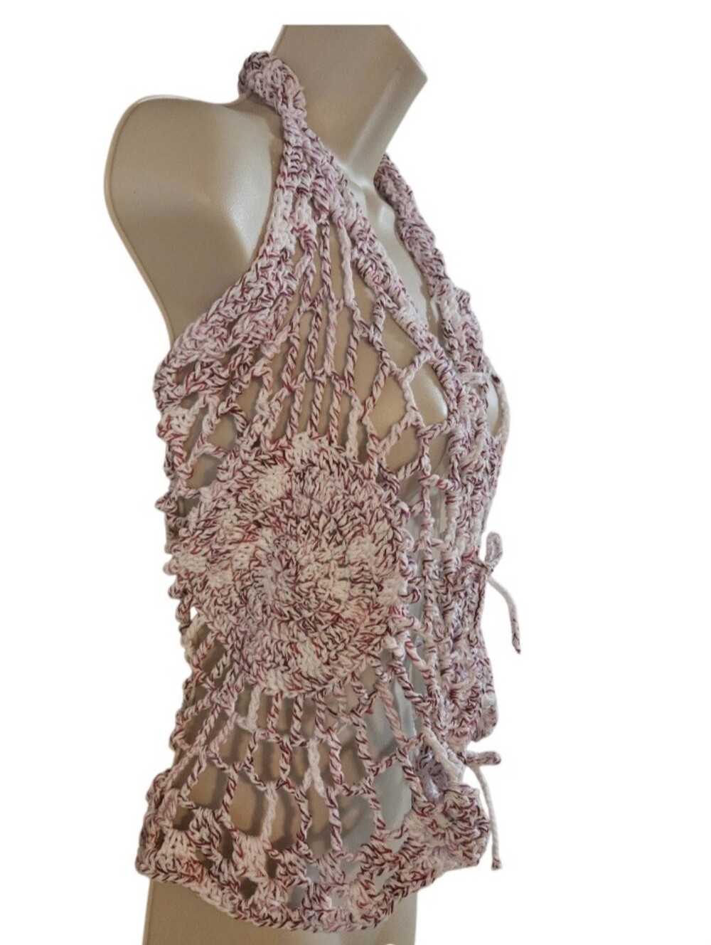 Handmade Crochet Open Work Top One Of A Kind Shaded Crimson 100% Cotton Versatil - Picture 9 of 16